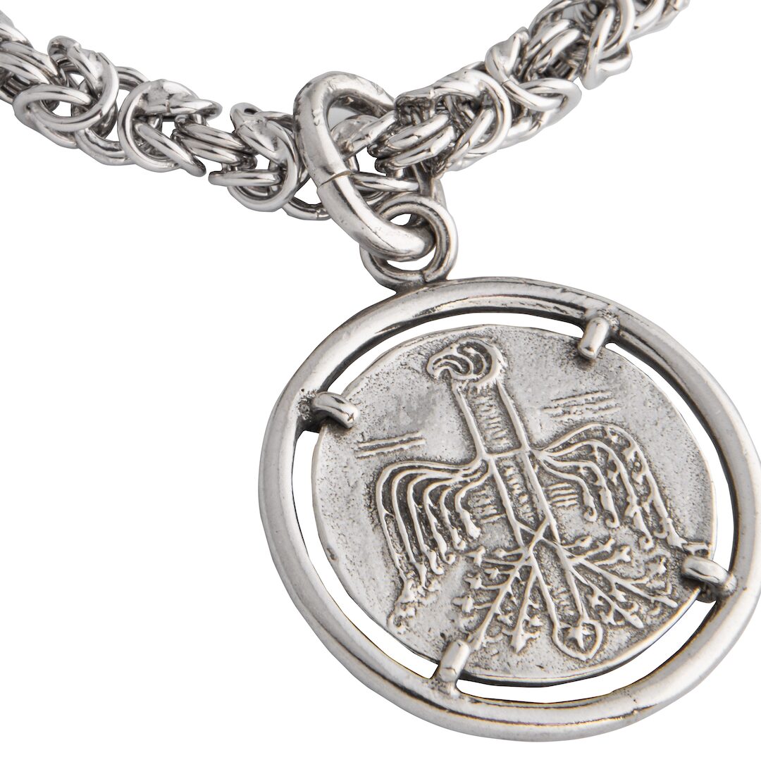 Bracciale albero-aquila in argento 925/1000, maglia bizantina con medaglia in argento 925/1000