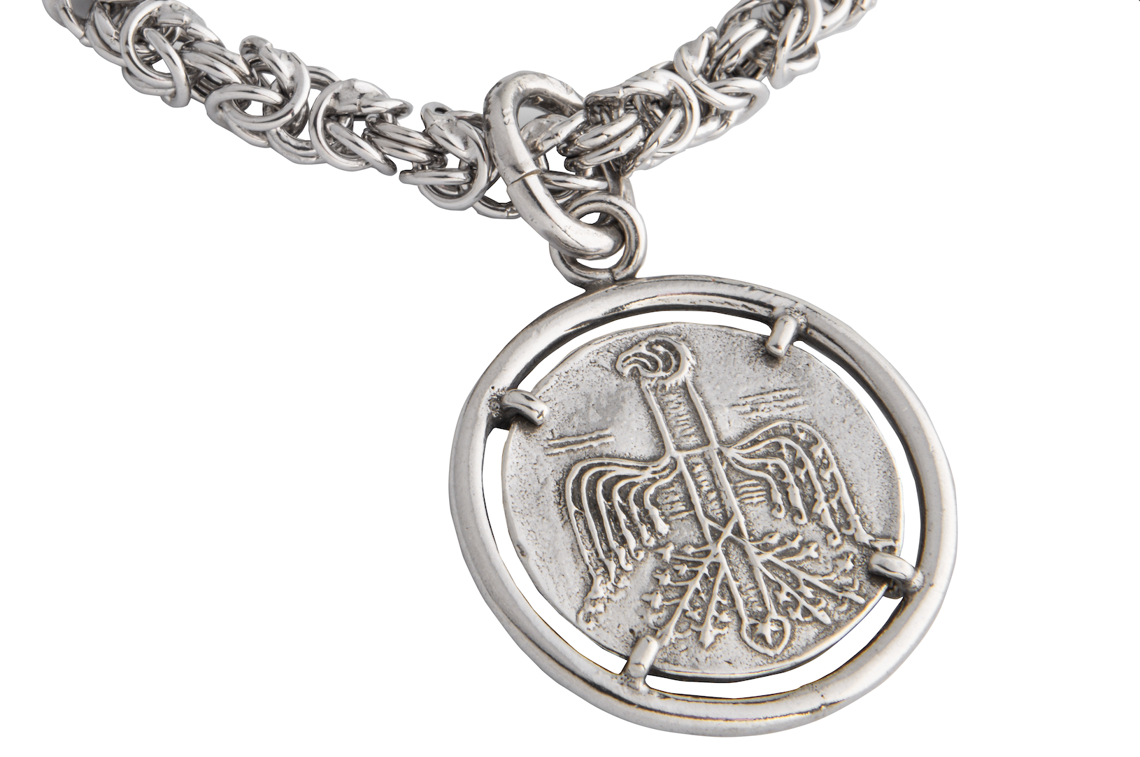 Bracciale albero-aquila in argento 925/1000, maglia bizantina con medaglia in argento 925/1000