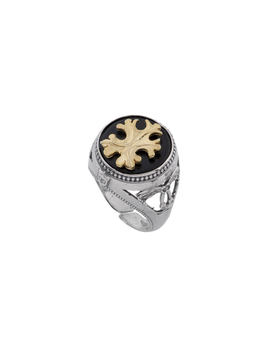 Anello dettagli florensi fiore - agata nera e dorato