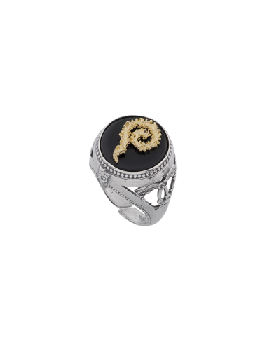 Anello dettagli florensi spirale liturgica alberata - agata nera e dorato